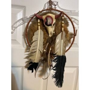 Southwestern Dreamcatcher Steer Skull Wolf Hand Painted Wall Hanging Decor